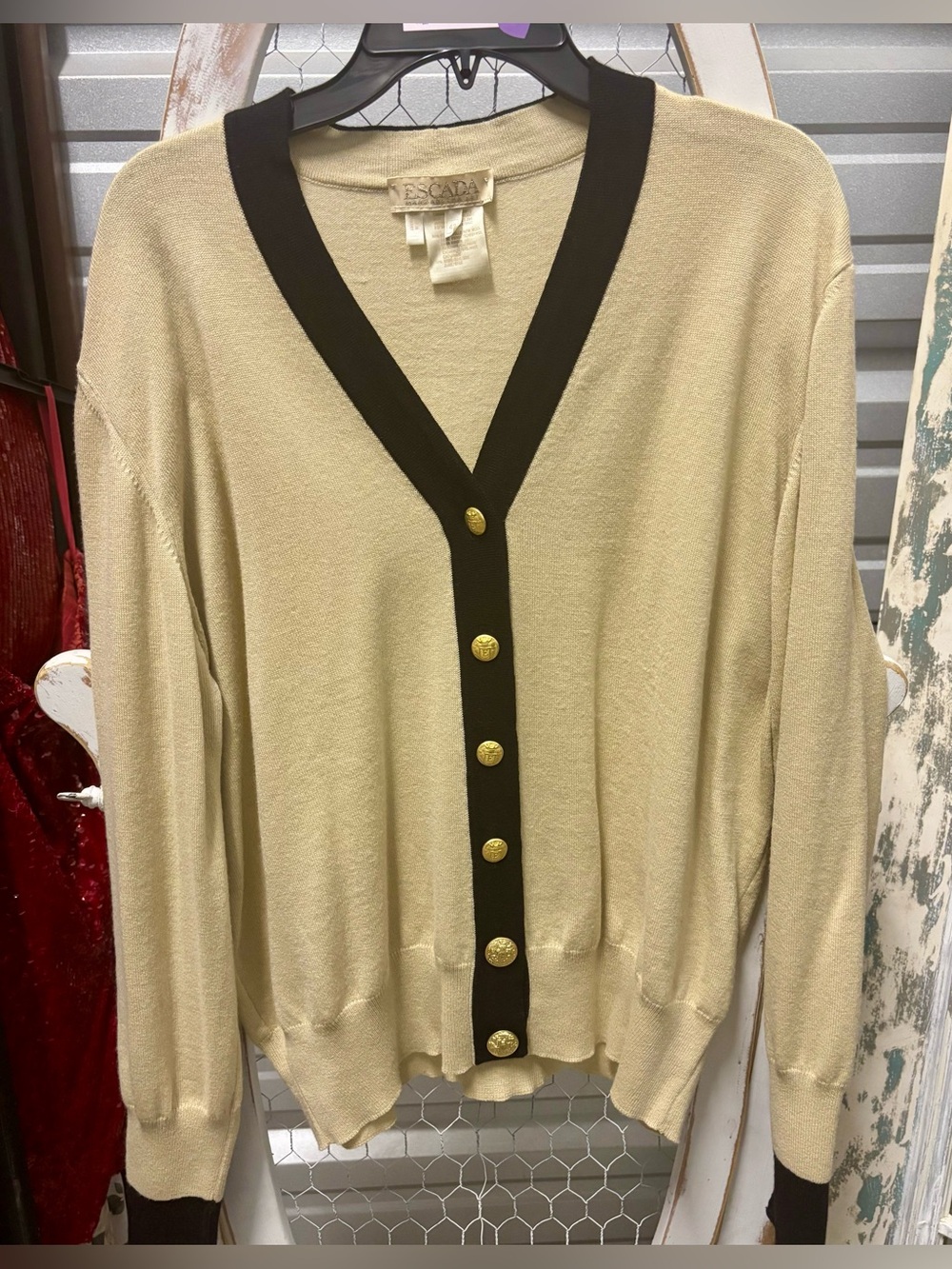Escada Cream V-Neck Cardigan with Black Trim